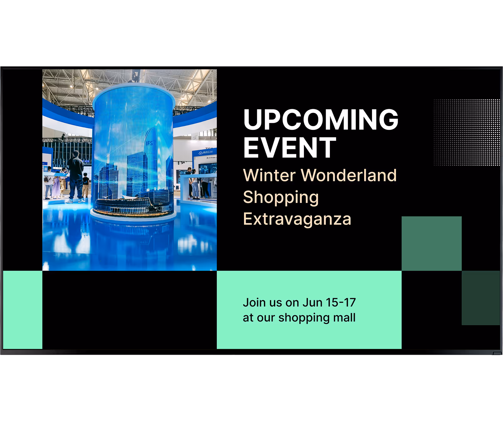 Display cilíndrico com iluminação azul, cercado de pessoas em uma área de eventos de um shopping moderno.