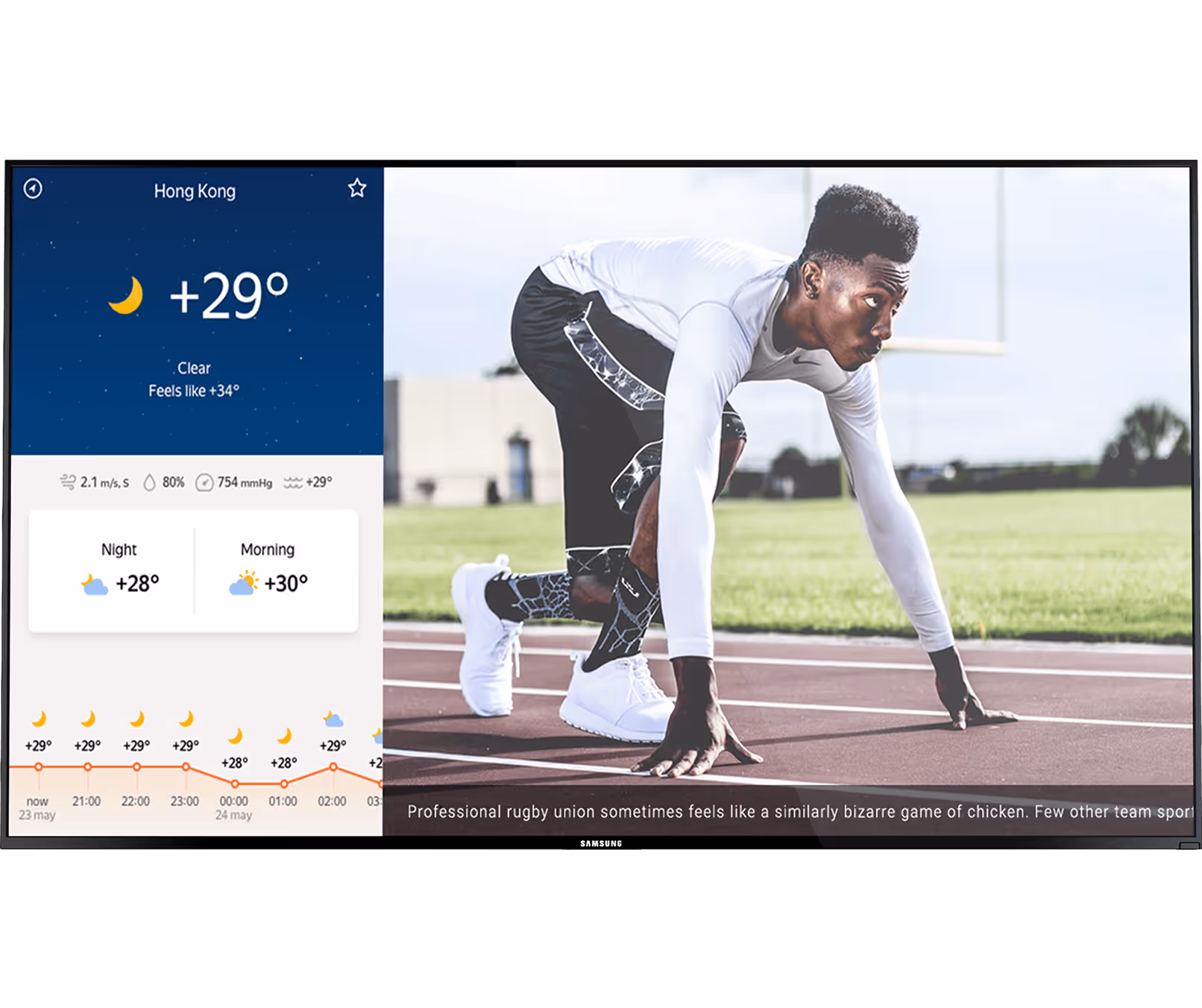Atleta em posição de largada na pista, com o clima de Hong Kong mostrando céu limpo e temperatura de 29°.
