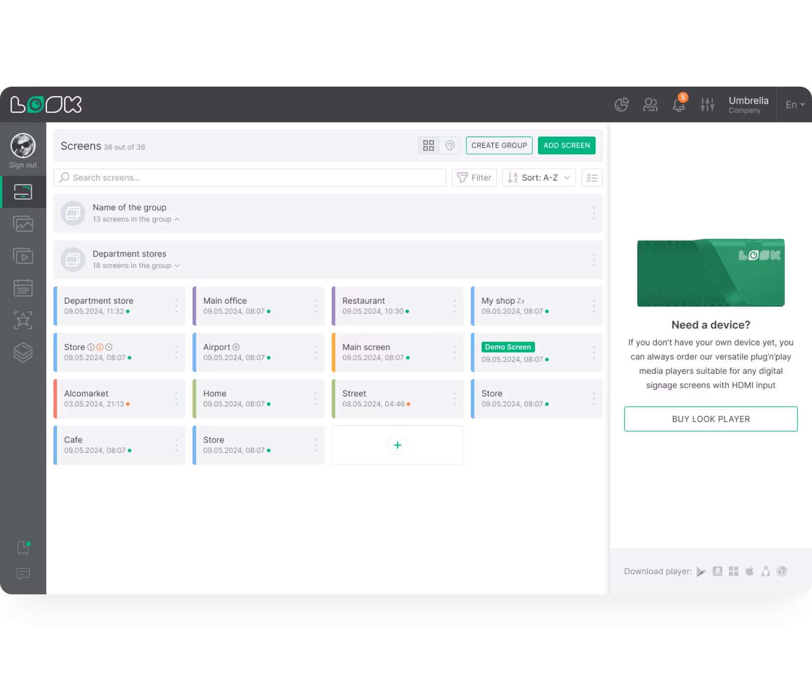 Interface do software listando grupos e telas, com opções para criar grupos, adicionar telas e informações para compra de dispositivos.