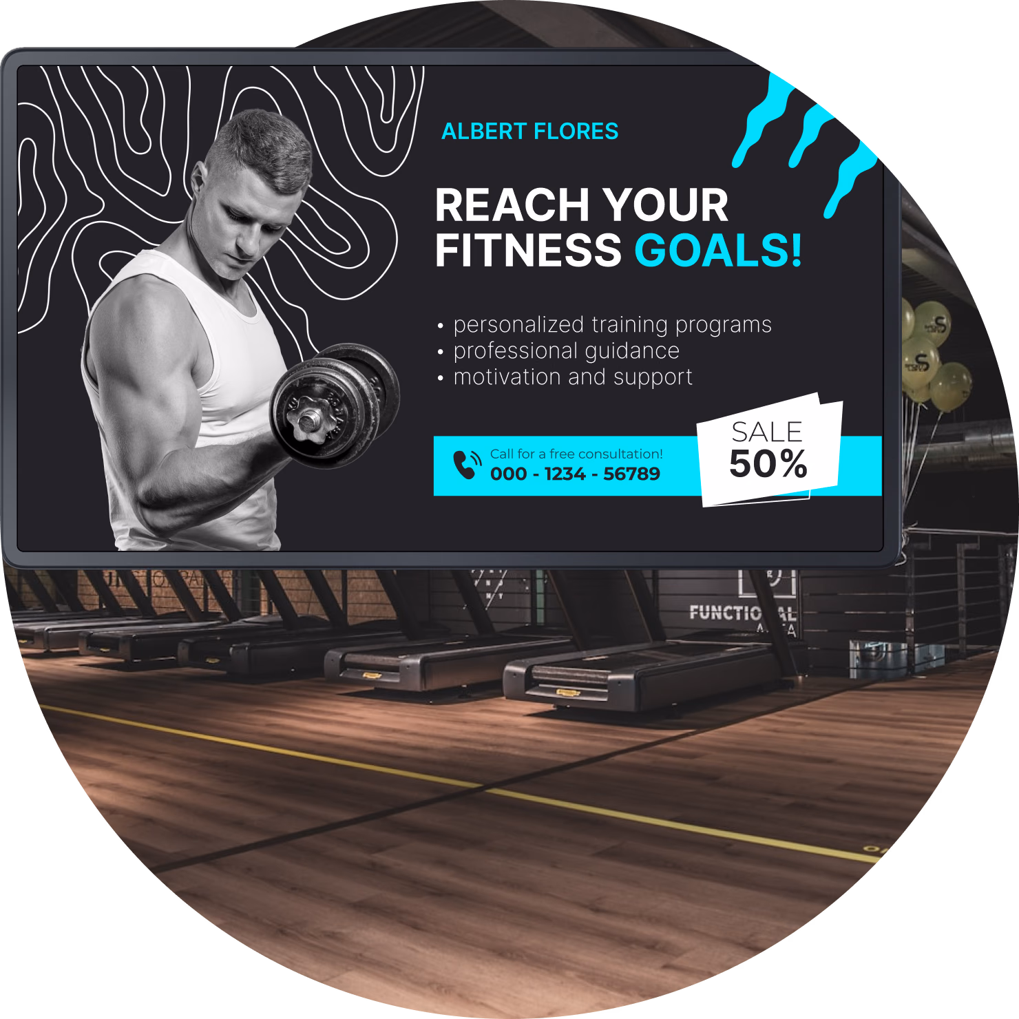 Promoção Alcance suas Metas de Fitness em uma tela da área de cardio