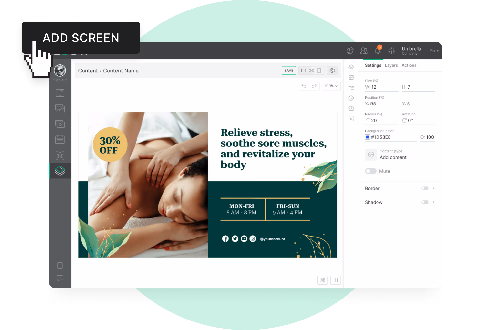 Editor de conteúdo montando uma promoção de massagem Alivie o Estresse