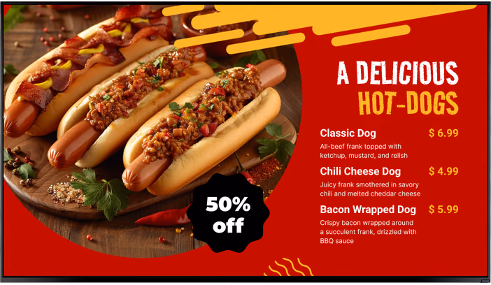 Painel de cardápio de food truck com uma promoção de cachorro-quente com 50% de desconto