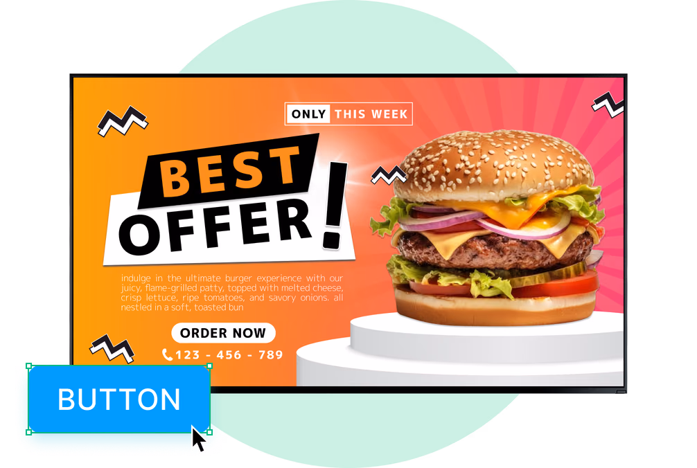 Painel de promoção de hambúrguer "Best Offer" com um widget de botão editável