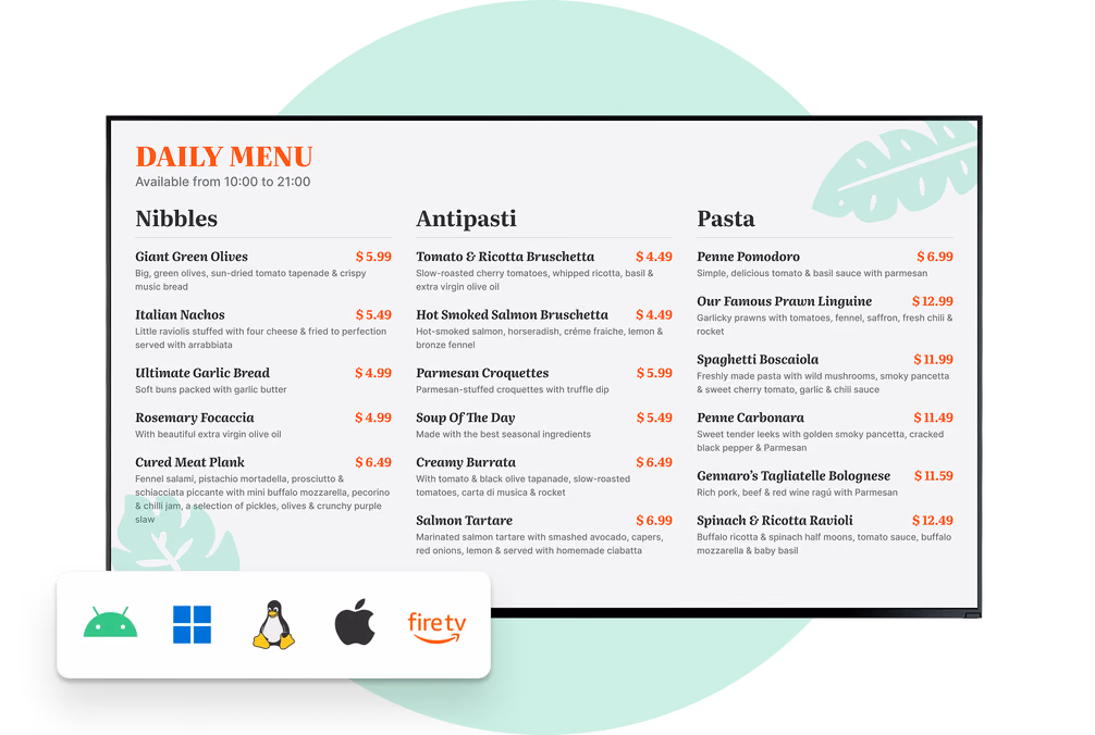 Painel de cardápio diário com ícones de sistemas operacionais sobrepostos: Android, Windows, Linux, macOS, Fire TV