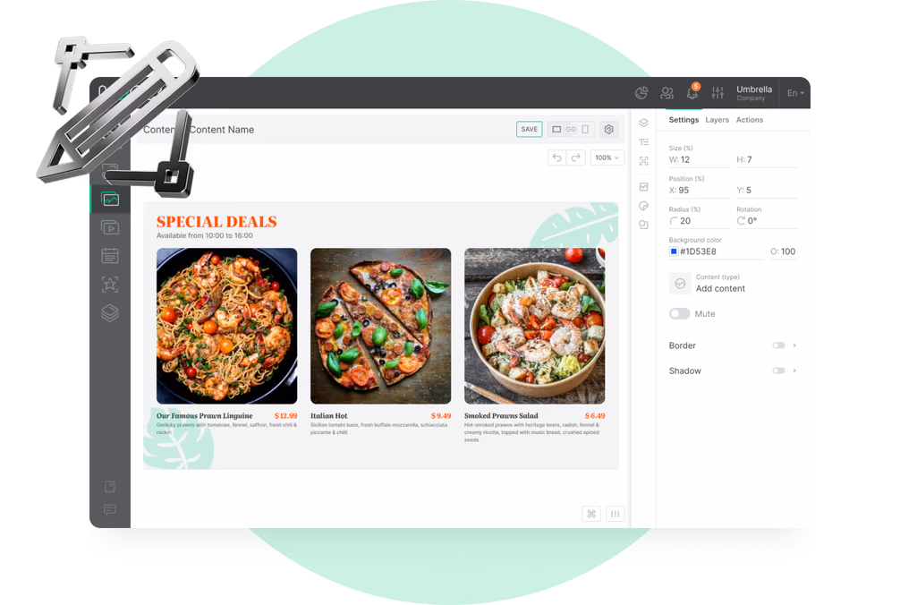Painel do editor de modelos aberto sobre uma promoção de mini pizzas