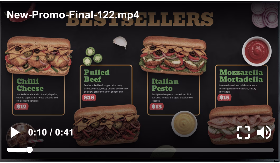 Painel de cardápio de sanduíches de food truck com o nome de um arquivo antigo sem rótulo aparecendo no player