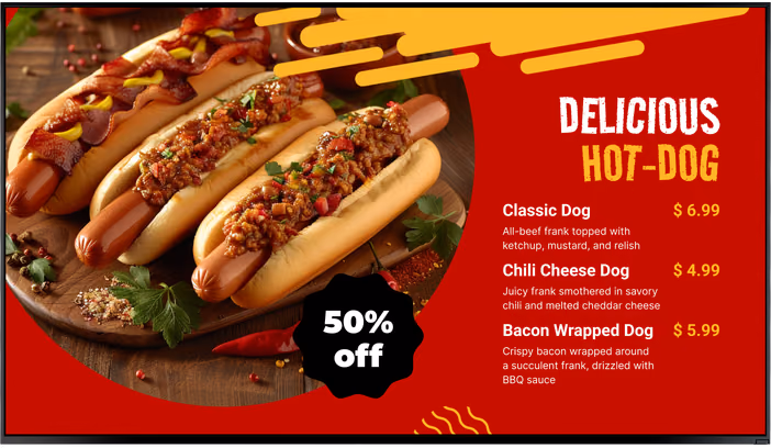 Tela de balcão de comida Delicious Hot-Dog com três preços