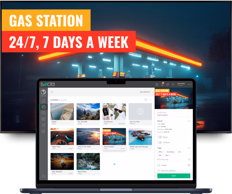 Notebook com o editor de conteúdo Look mostrando uma biblioteca de mídia e a prévia da promoção Gas Station 24/7