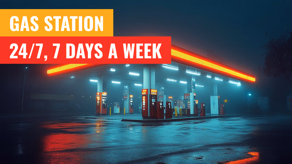 Modelo de horário de funcionamento Gas Station 24/7 sobre um pátio à noite