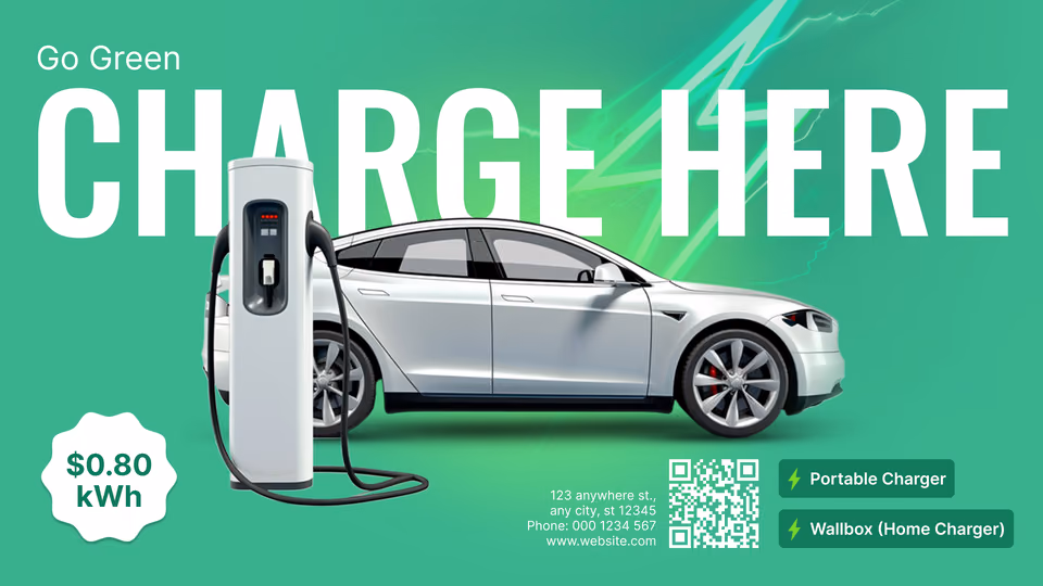 Modelo de promoção de recarga aqui para veículos elétricos com preços e QR code