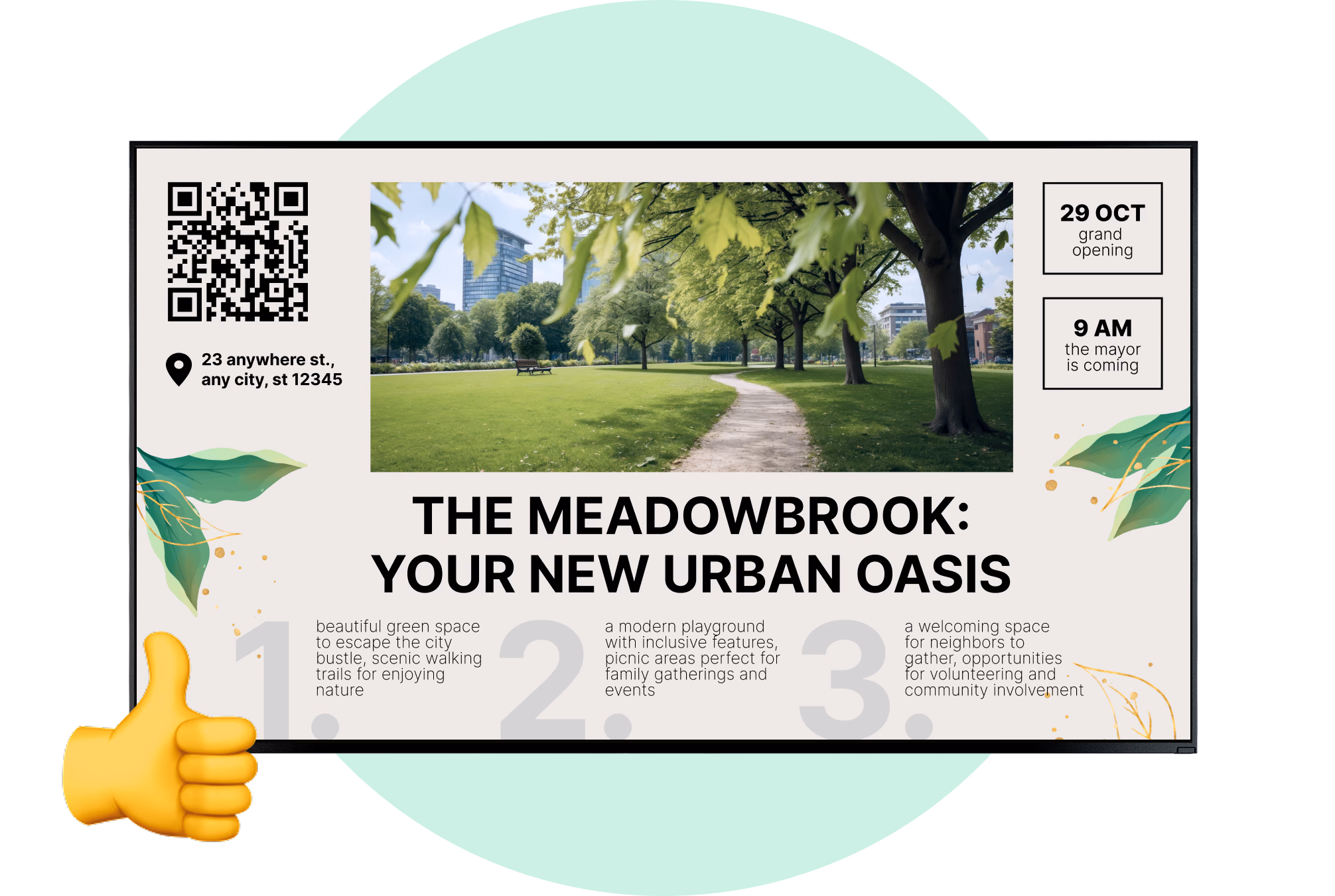 Anúncio de inauguração do parque Meadowbrook com zonas numeradas