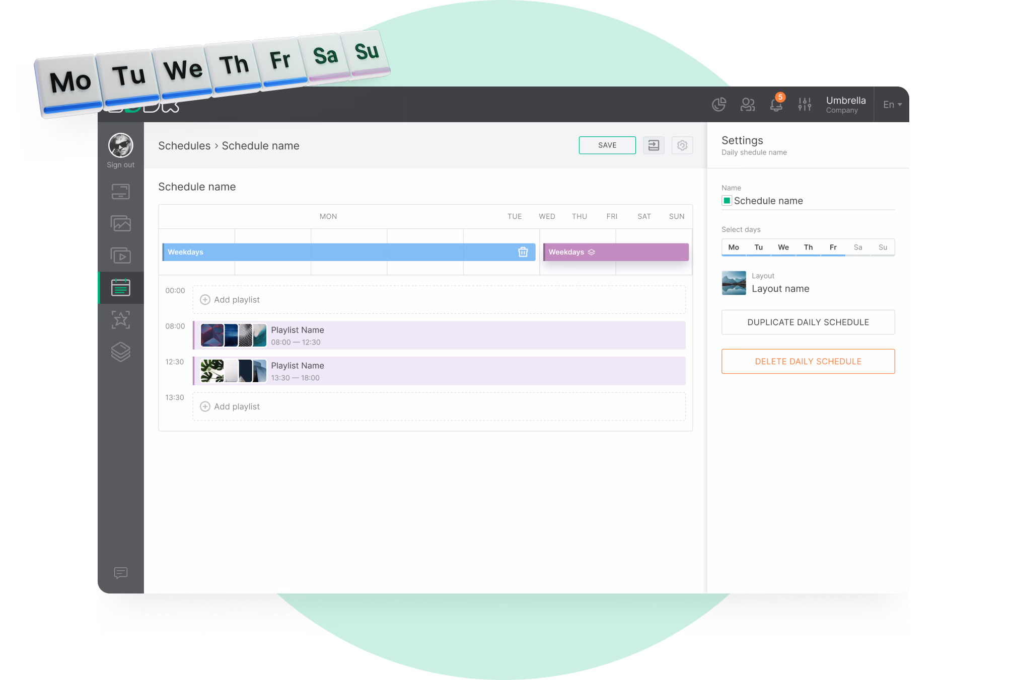 Editor de agenda com nome de playlist e intervalo de horário