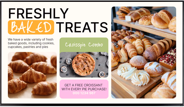 Tela de cardápio do balcão de padaria "Freshly Baked Treats" com combo de croissant e torta