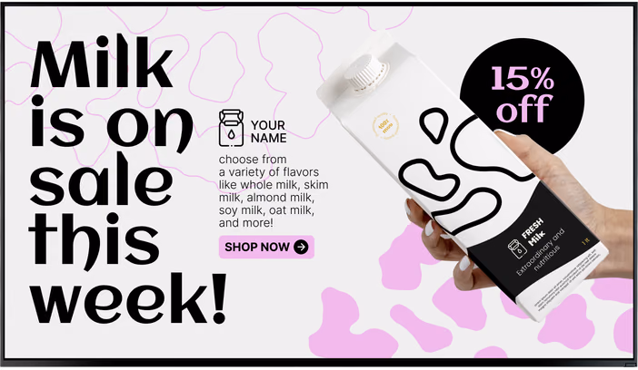 Tela de promoção "Leite em oferta esta semana" com 15% de desconto