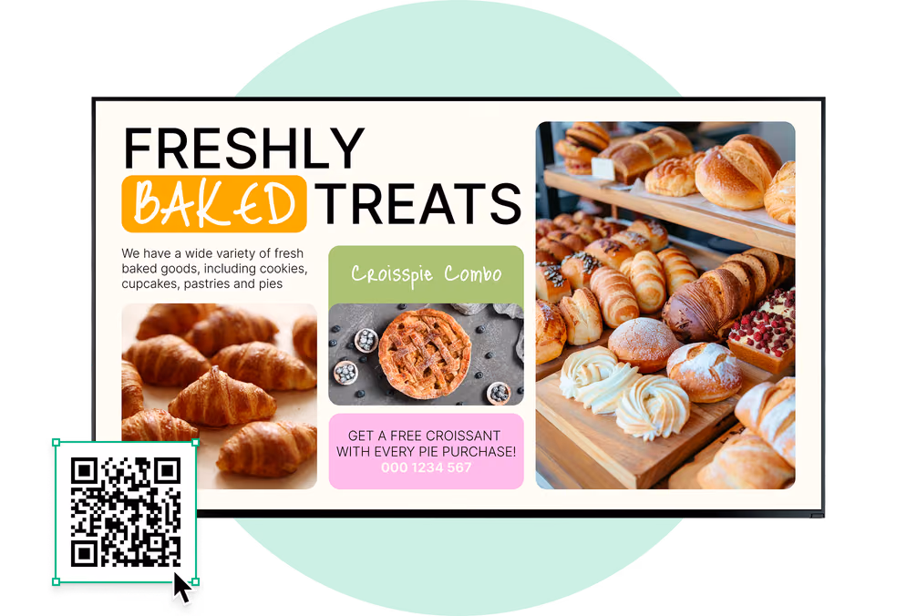 Freshly Baked Treats烘焙菜单模板,选中了可编辑的QR码