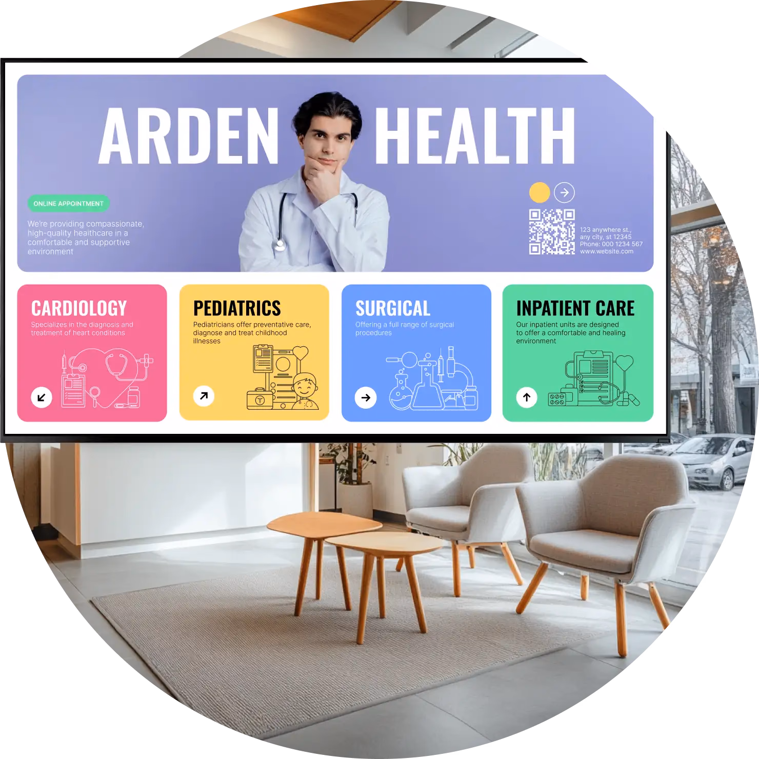 诊所前台区域展示Arden Health推广内容的屏幕