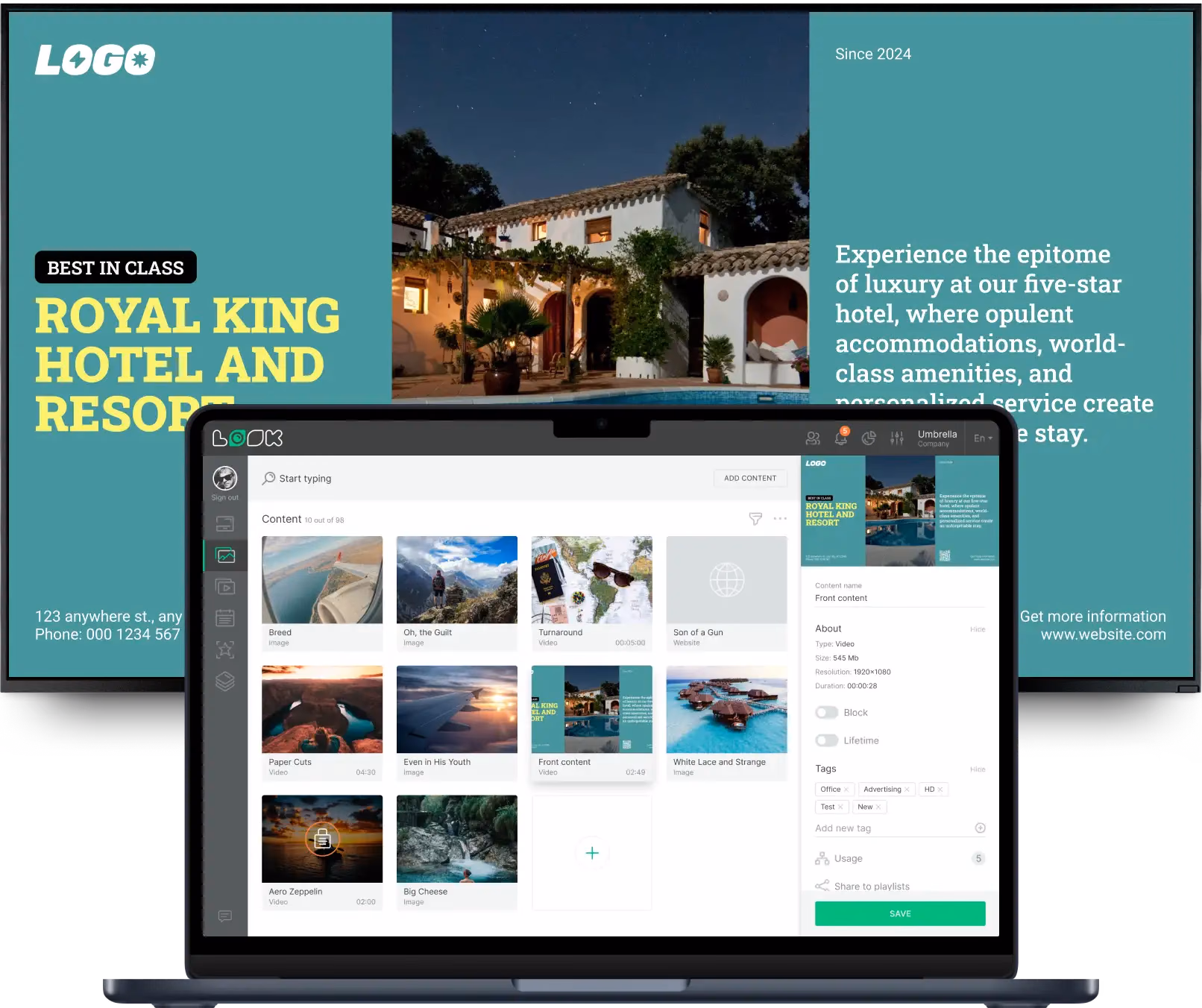 笔记本电脑上用Look内容编辑器制作Royal King Hotel and Resort的促销内容