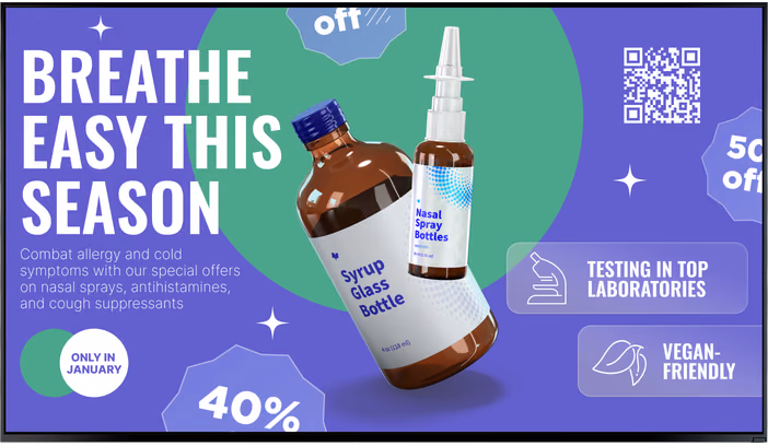 Promoção sazonal de remédios para alergia e resfriado com 40% de desconto em sprays nasais