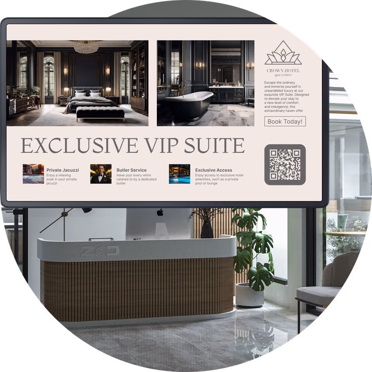 Tela de promoção exclusiva de Suíte VIP acima da recepção de um hotel, com uma planta e um monitor