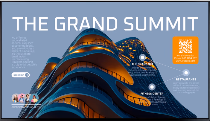 Tela de promoção do hotel Grand Summit com um mapa de comodidades incluindo spa, academia e restaurantes