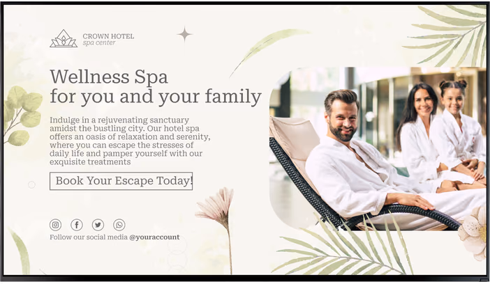 Tela de bem-estar do Crown Hotel Spa Center com uma família de roupão