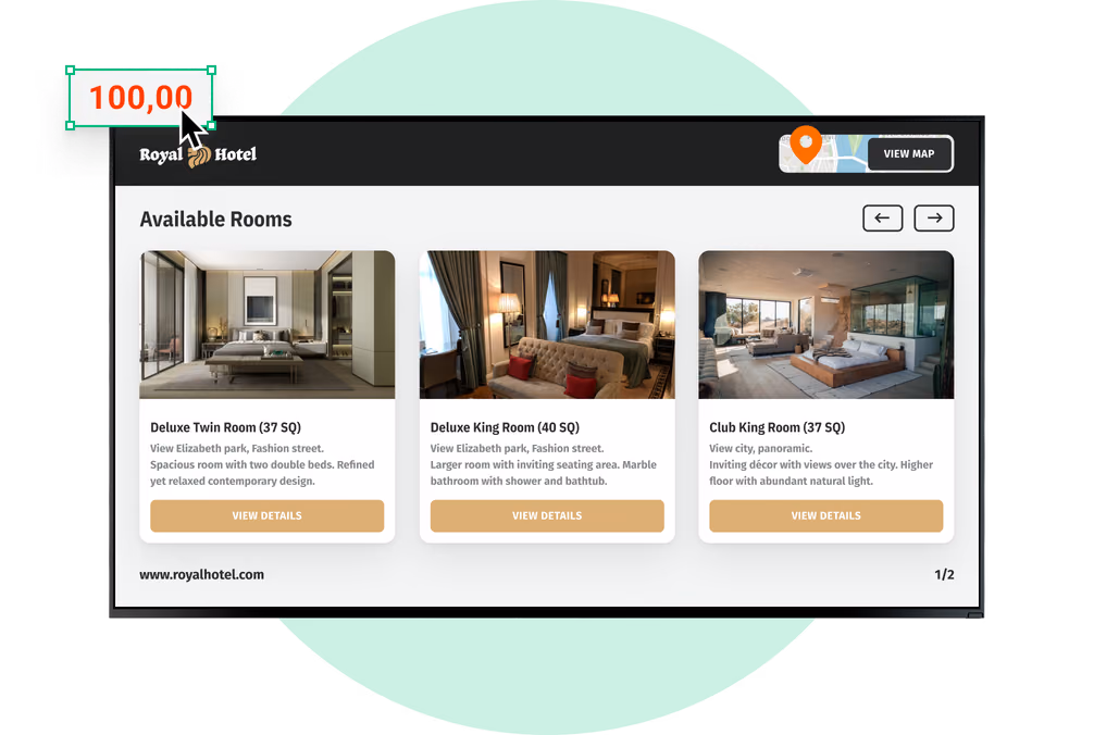 Tela de quartos disponíveis do Royal Hotel com um campo de preço editável selecionado