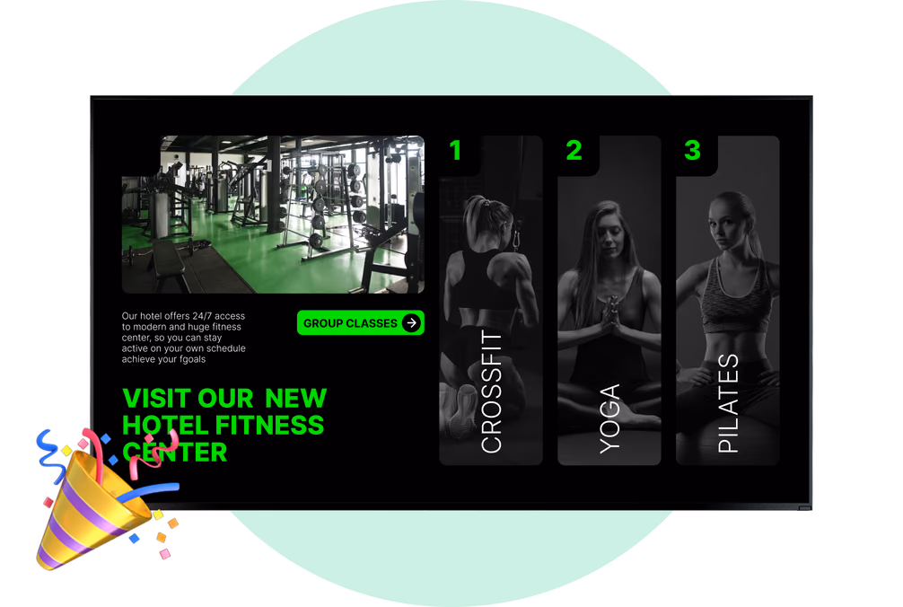 Tela "Visite Nossa Nova Academia do Hotel" dividida em zonas para aulas de CrossFit, Yoga e Pilates