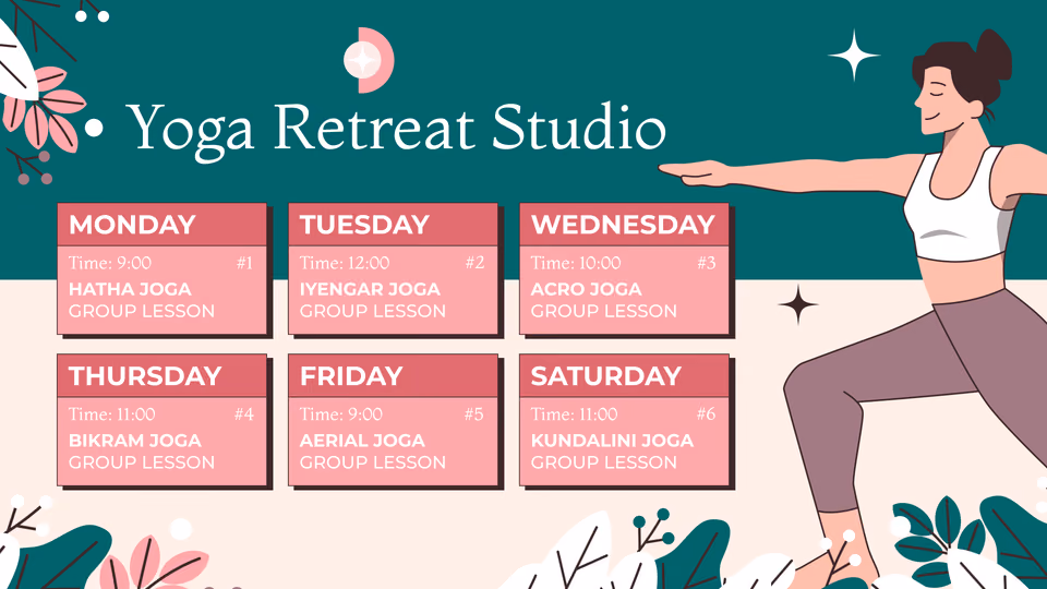 Modelo de agenda semanal de aulas do "Yoga Retreat Studio"