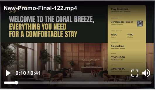Vídeo promocional genérico de banco de imagens sobreposto a uma tela de promoção do hotel