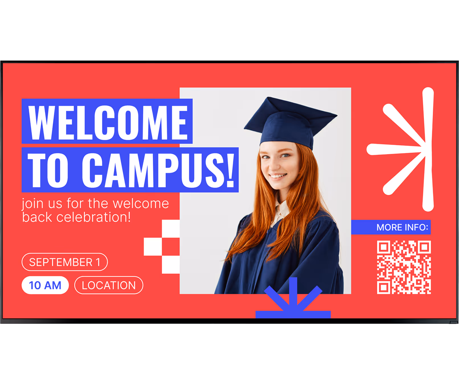 Smiling female graduate in blue cap and gown on red welcome back campus celebration poster.