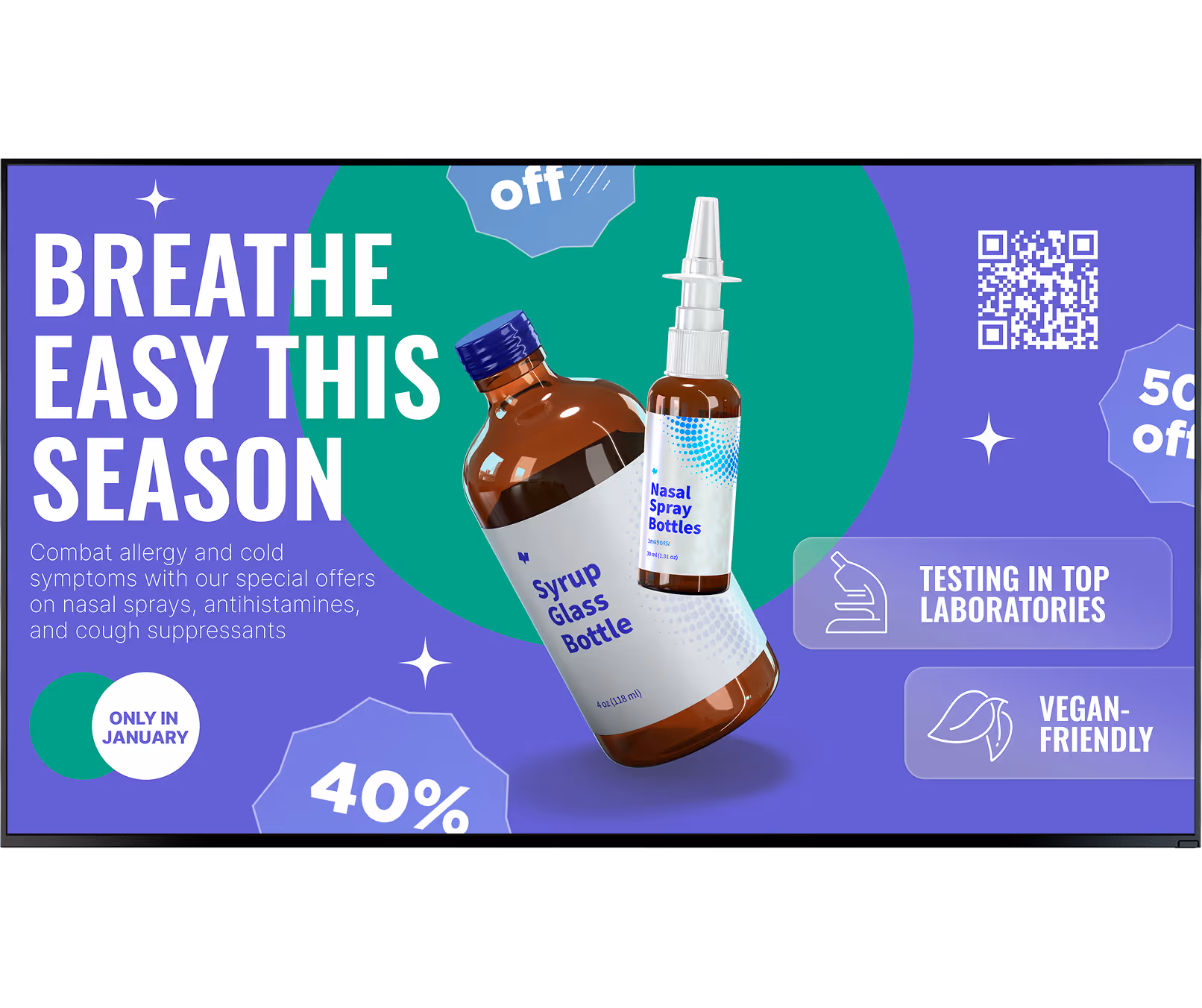 Brown bottles labeled Syrup Glass Bottle and Nasal Spray Bottle with allergy relief and discount offers.