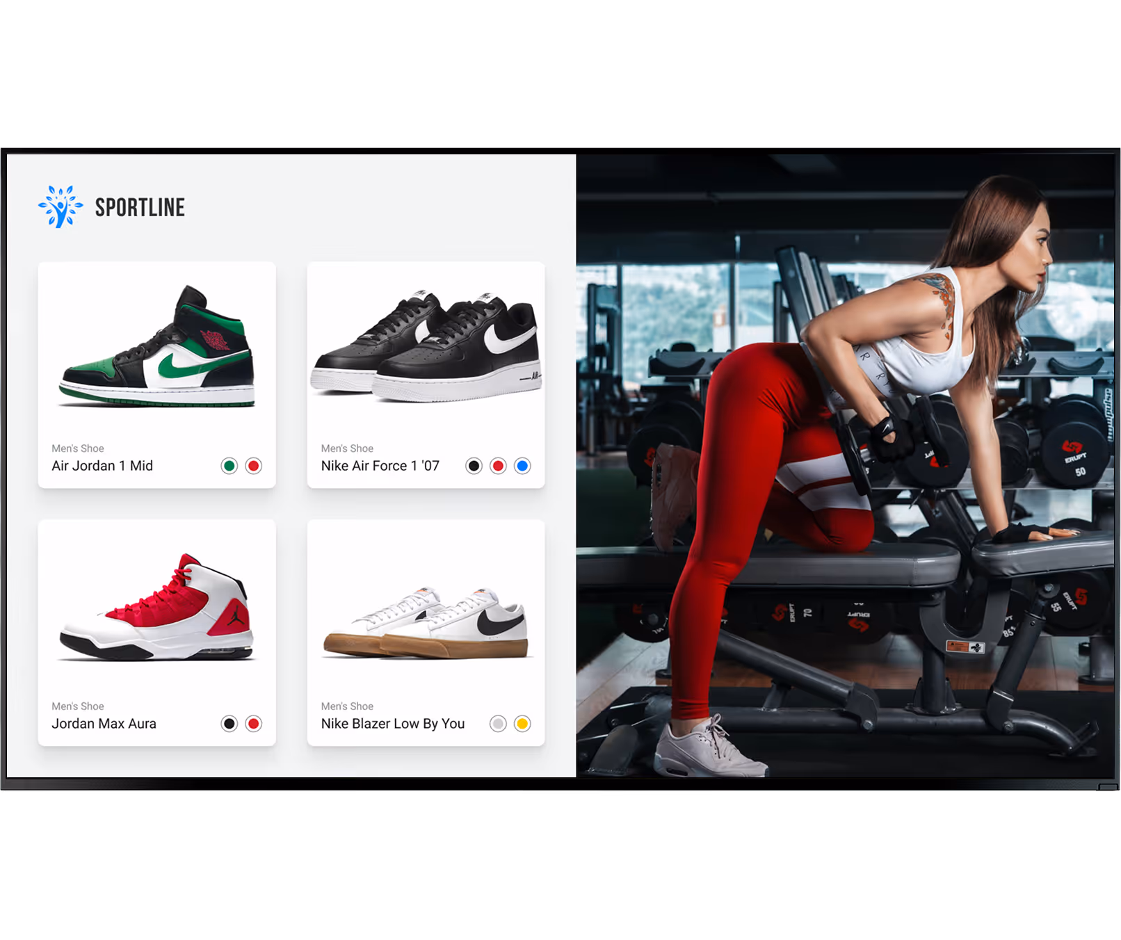 Woman in red leggings doing one-arm dumbbell row in gym next to sports shoe product display.