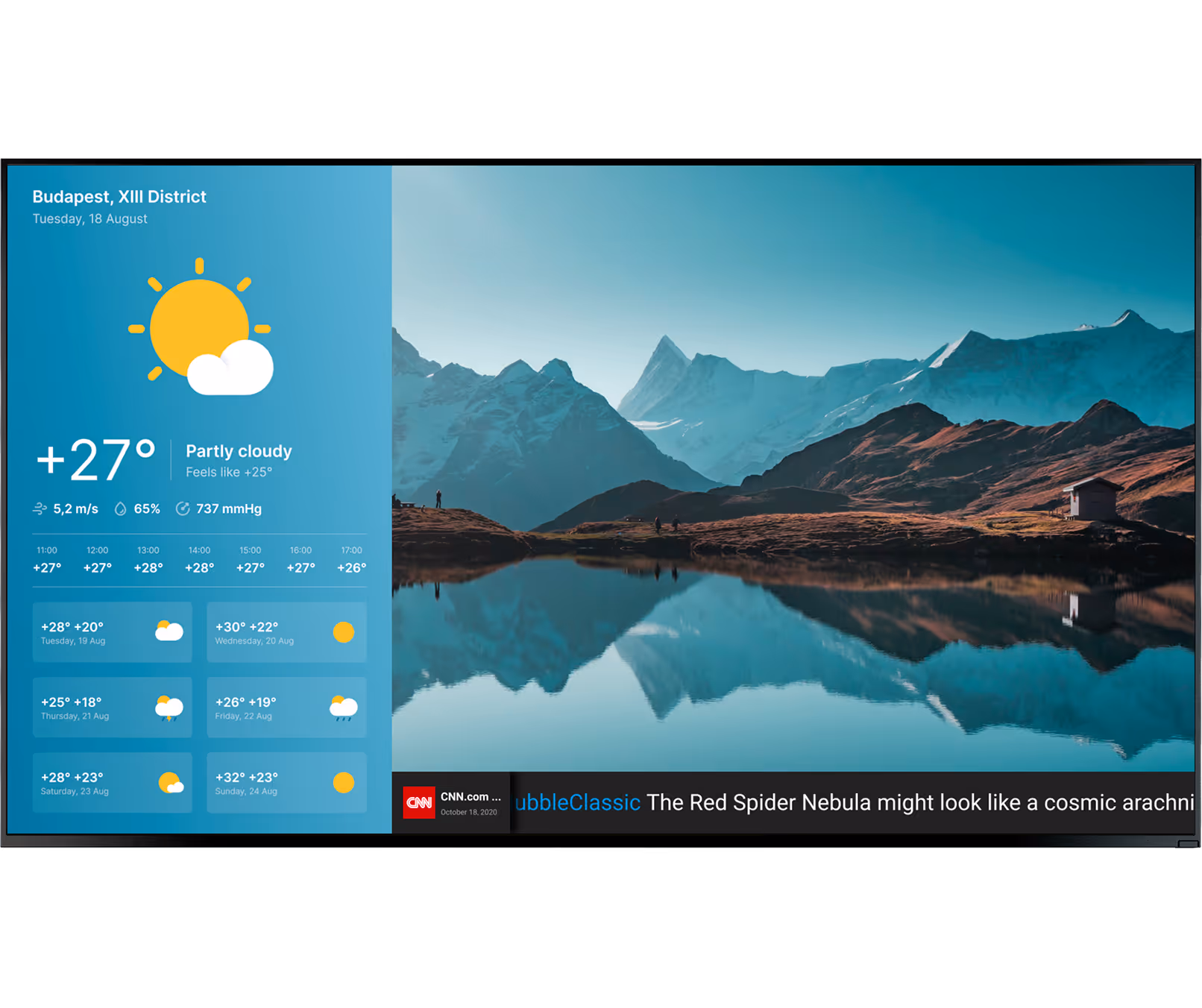 Weather in Budapest shows partly cloudy, 27°C, with forecast and mountain lake reflection scenery.