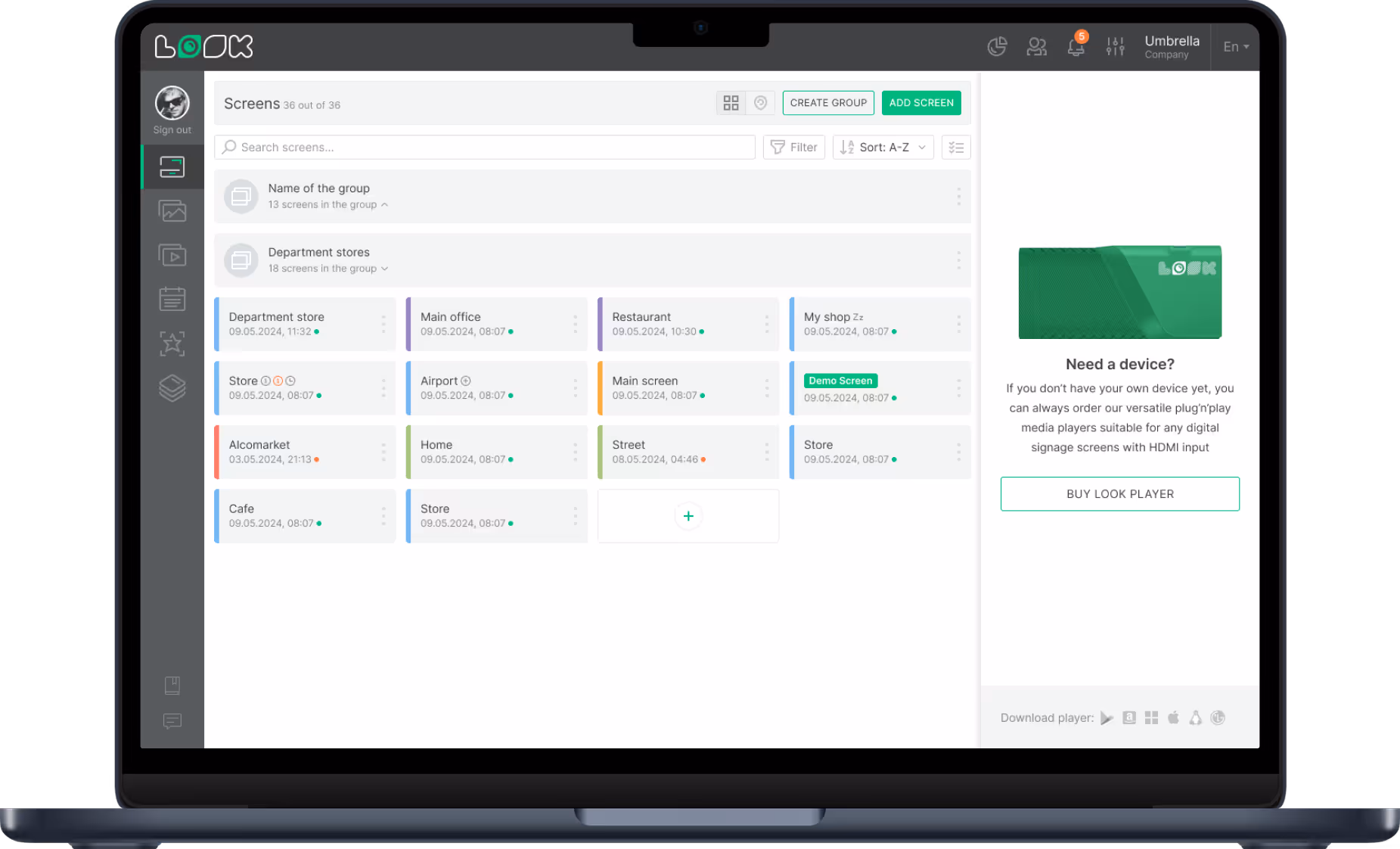 Tela de laptop exibindo um painel de gerenciamento de sinalização digital com grupos de telas e uma opção para comprar um dispositivo player LOOK.