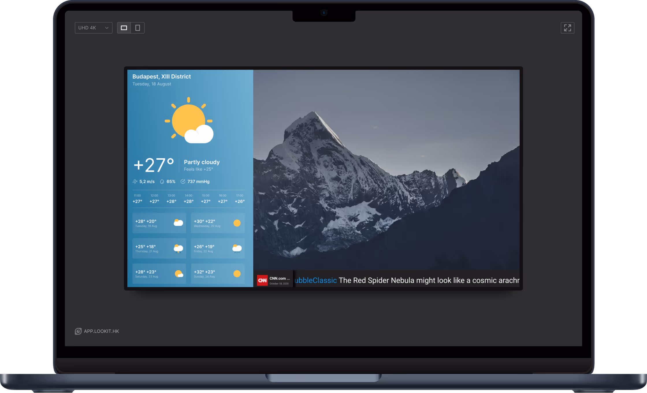Tela de laptop mostrando a previsão do tempo de Budapeste com céu parcialmente nublado e imagem de fundo com montanhas.