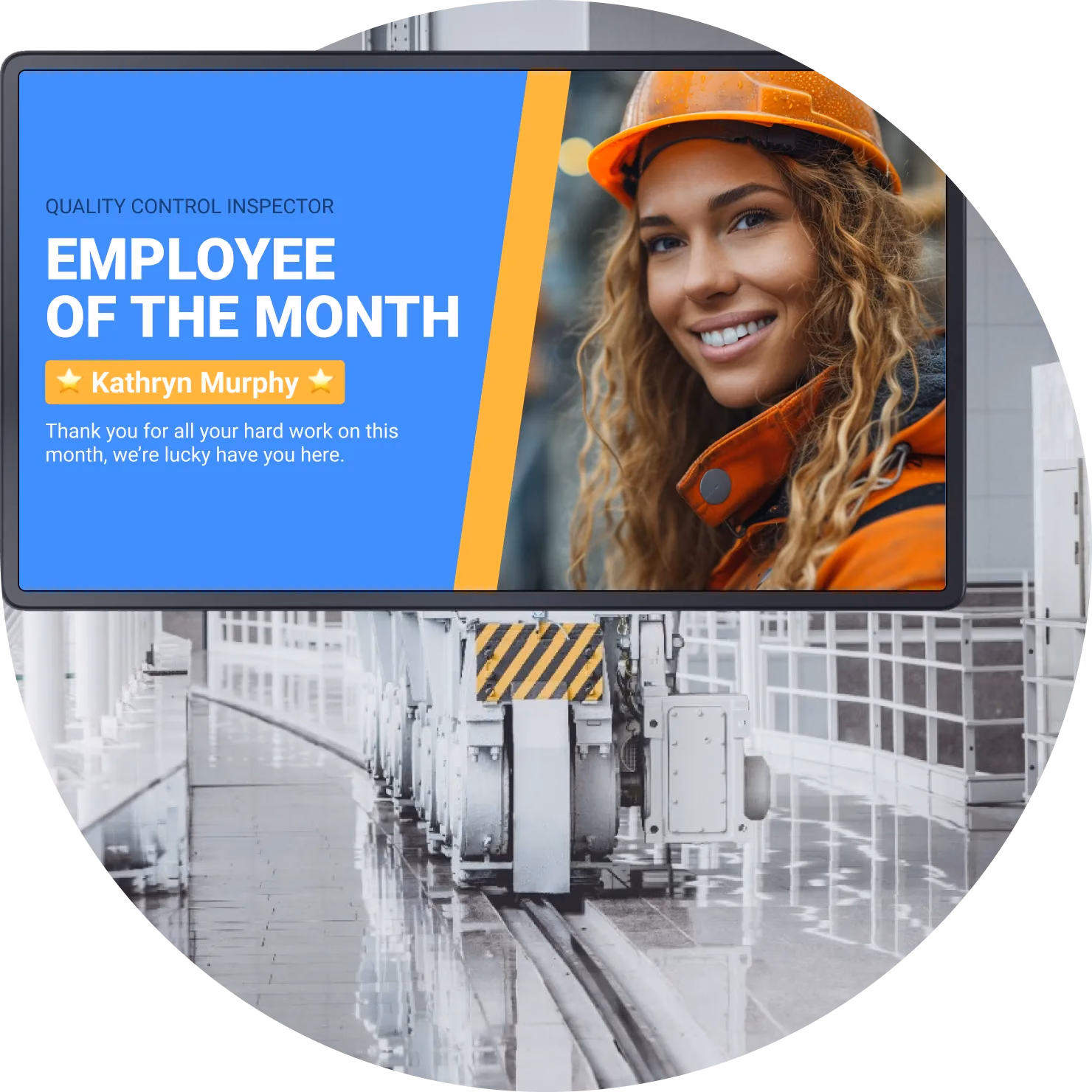 Экран рекламы «Employee of the Month» на заводе