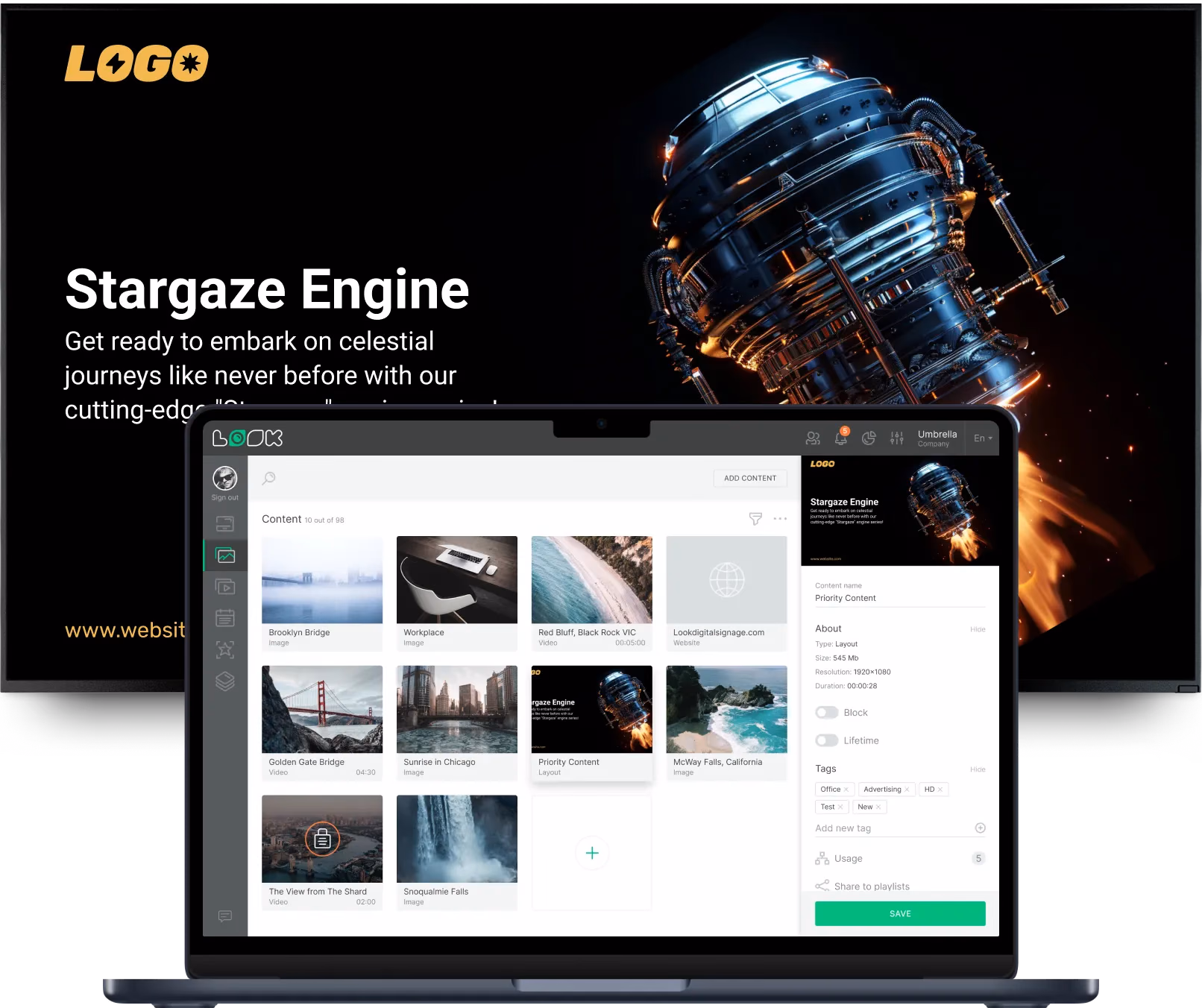 Ноутбук с редактором контента Look: сборка рекламы «Stargaze Engine»