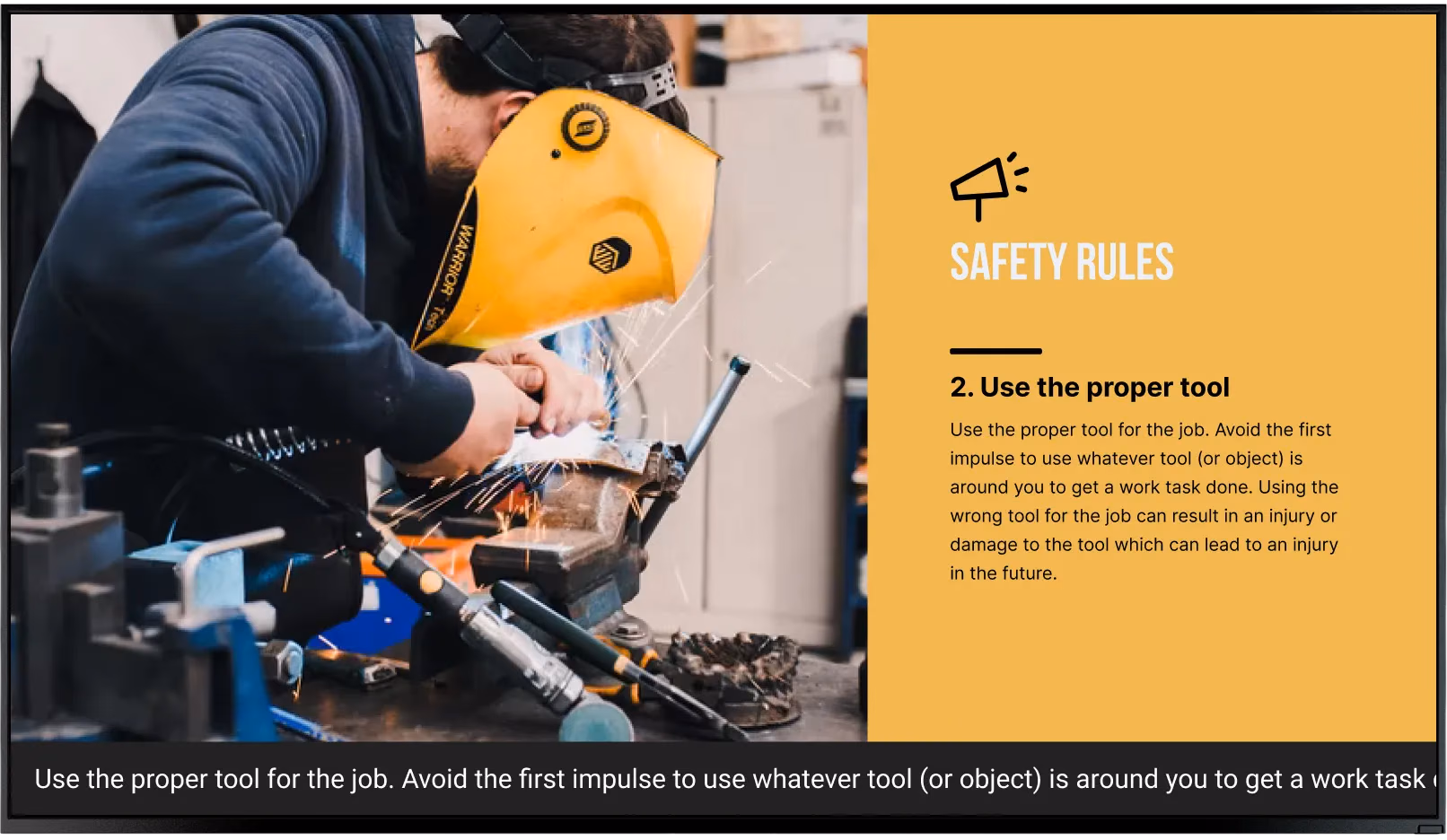 Экран «Safety Rules» со сварщиком за работой