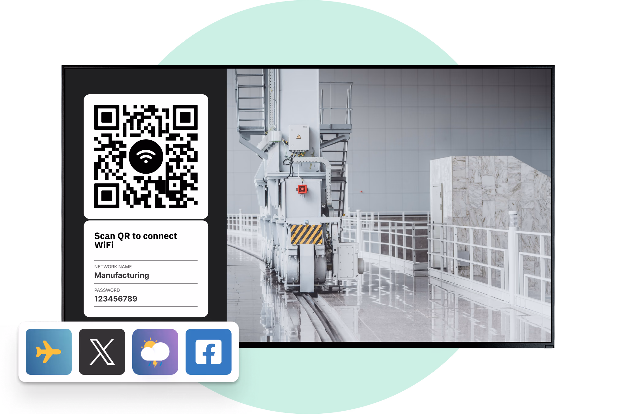 QR-код Wi-Fi и значки приложений на экране цеха