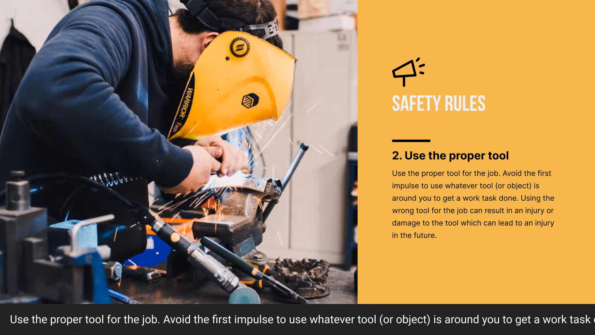 Экран «Safety Rules» со сварщиком за работой