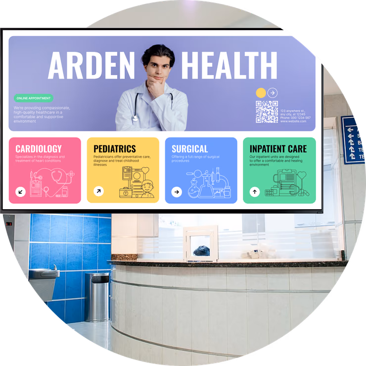 “Arden Health”诊所目录展示板,列出心内科、儿科、外科和住院部