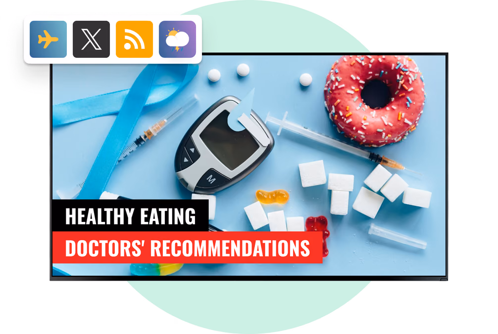 Quadro de recomendações médicas de alimentação saudável com sobreposição de ícones de apps