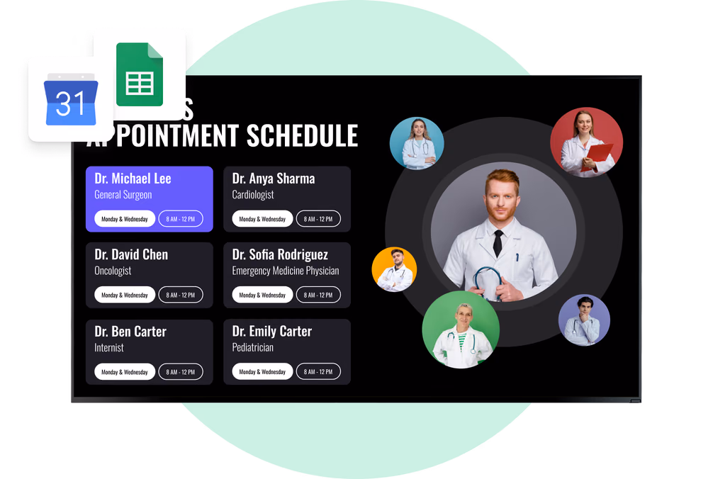 Quadro de agenda de consultas médicas com sobreposição de ícones de calendário e feed de dados de planilha