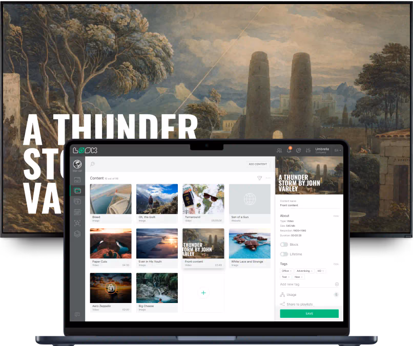 Ноутбук с редактором контента Look: медиатека выставки и превью работы «A Thunder Storm» Джона Варли