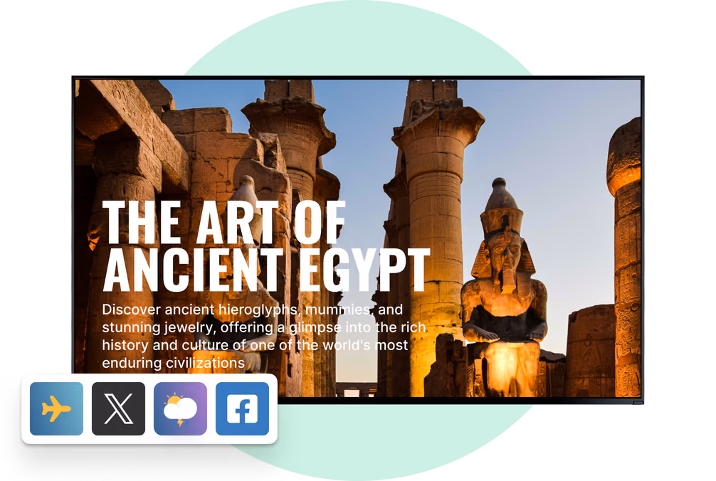 Экран выставки «The Art of Ancient Egypt» со значками приложений рейсов, соцсетей, погоды и Facebook