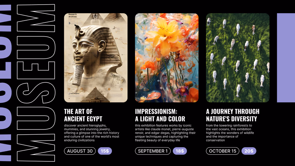 Карусельный шаблон выставки с карточками «Ancient Egypt», «Impressionism» и «Nature Diversity»