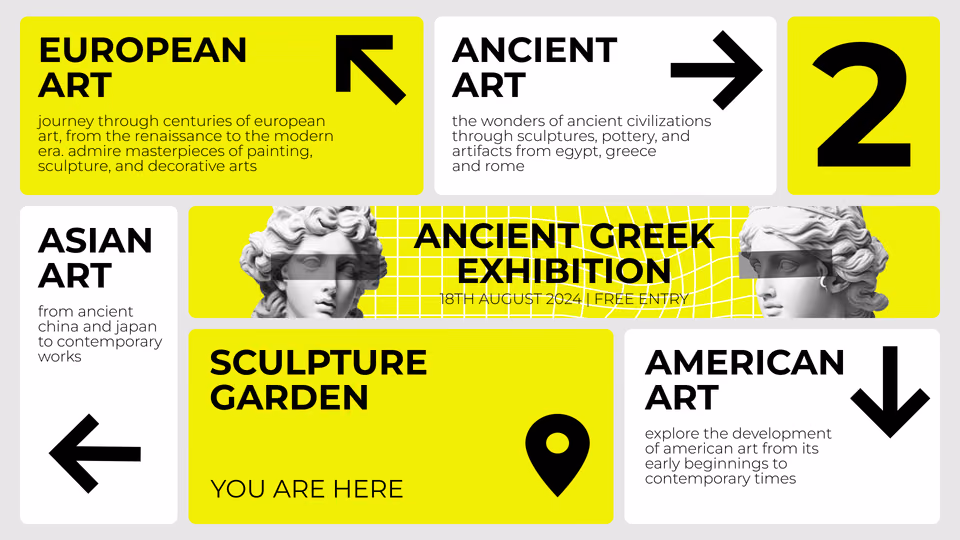Навигационный шаблон музея с зонами «European Art», «Ancient Art», «Asian Art» и «Sculpture Garden»