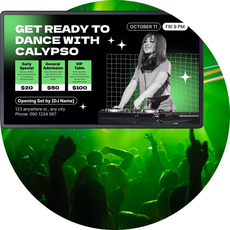 Tela de promoção "Get Ready to Dance with Calypso DJ" acima de uma pista de dança cheia