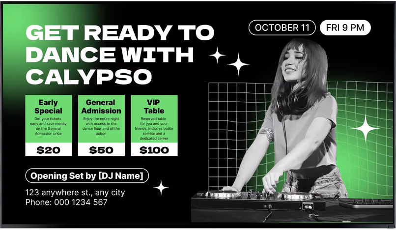 Tela de promoção "Get Ready to Dance with Calypso DJ" com preços de ingresso