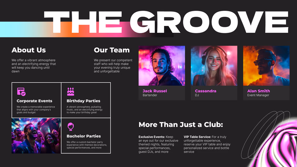 The Groove俱乐部"关于我们"与团队介绍模板,含员工照片